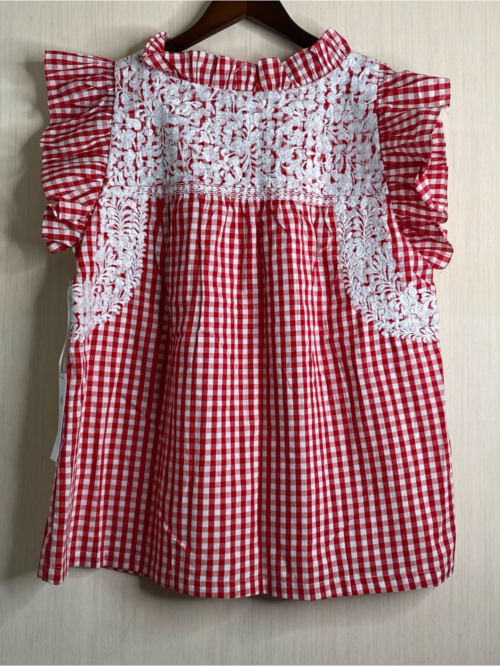 J.Marie Women’s The Andy Ruffle Neck Top Red Gingham Embroidered Lined Medium - Picture 2 of 7